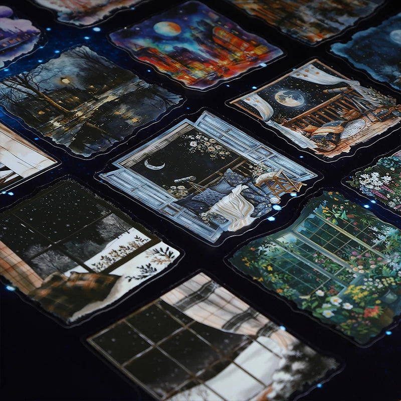 Stickers illustratifs paysages nocturnes personnages végétation étoiles lunes adhésifs scrapbooking