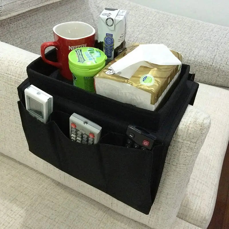 organisateur canapé plateau poches rangement moderne noir gris tissu texturé respectueux environnement