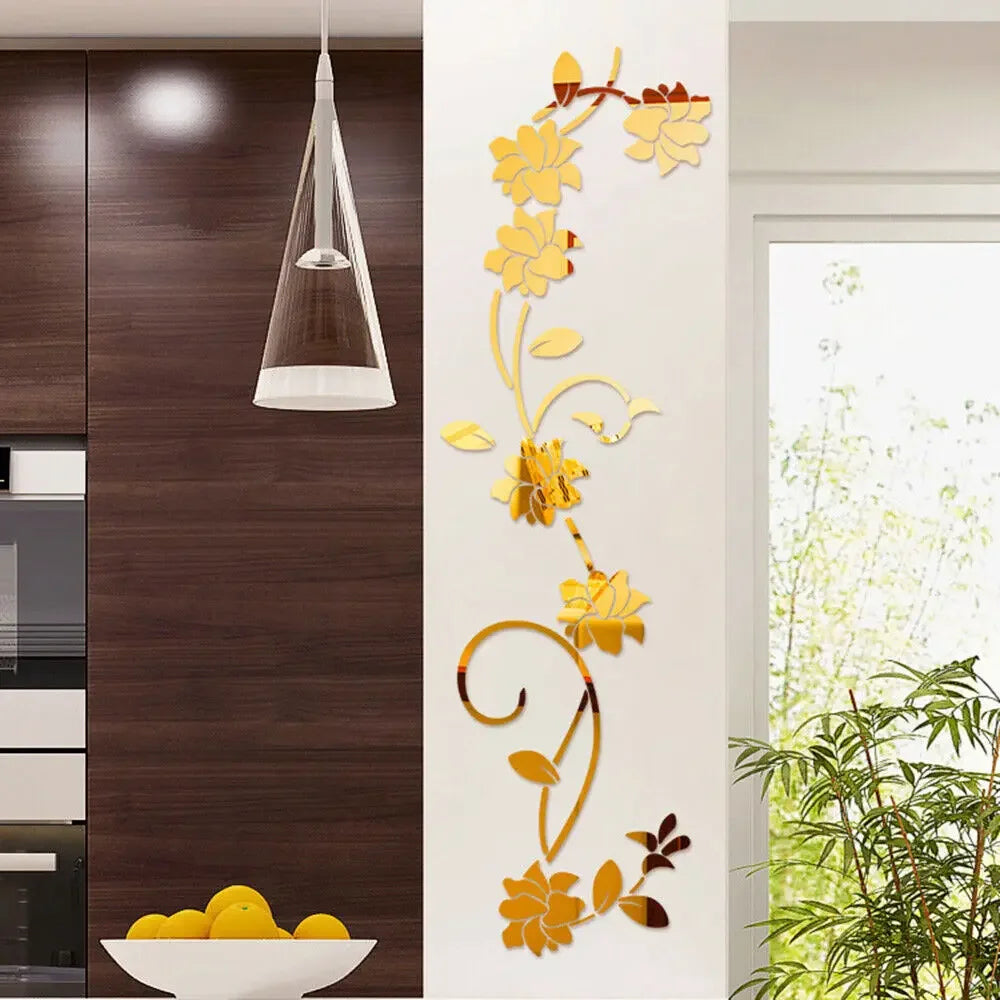 Miroir mural en rotin avec fleurs 3D autocollant acrylique beige