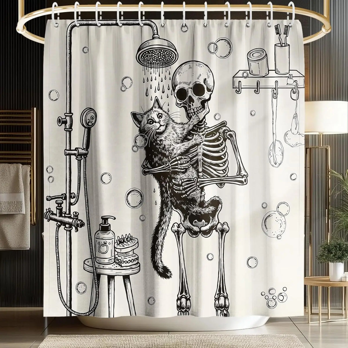 rideau douche imperméable motif squelette chat noir blanc crochets salle bain
