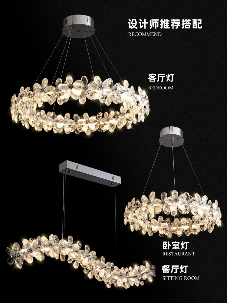 Suspension lumineuse moderne transparente argentée fleurs cristal 3000k 6000k chambre salon