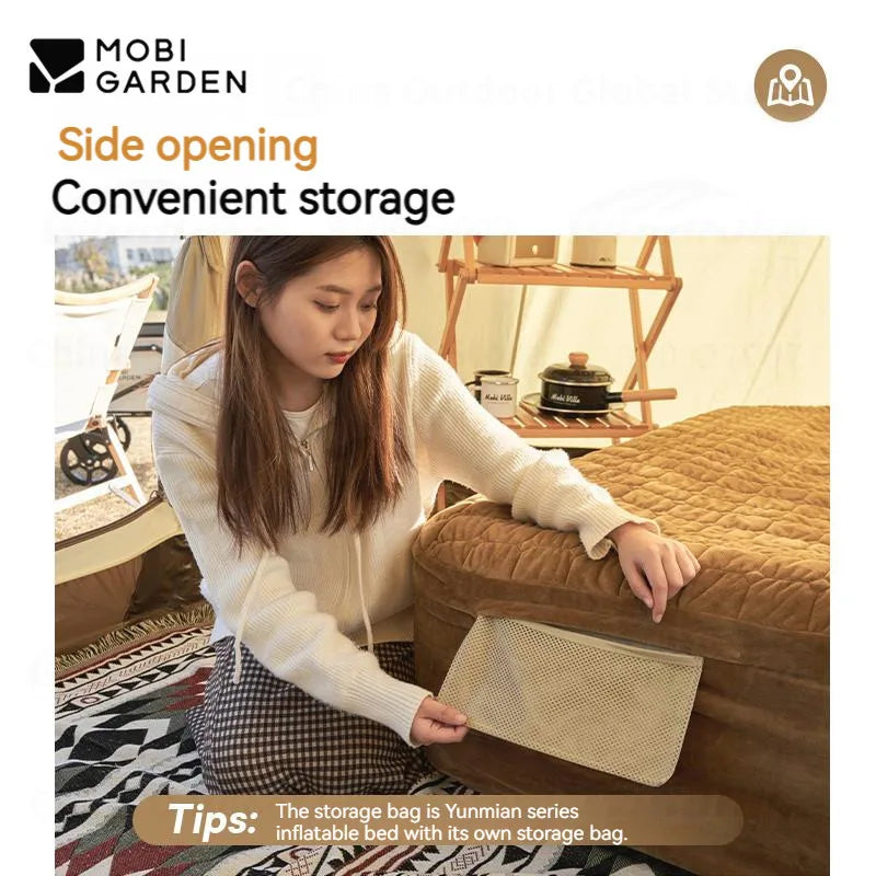 Personne utilisant le couvre-lit gonflable marron pour un confort optimal