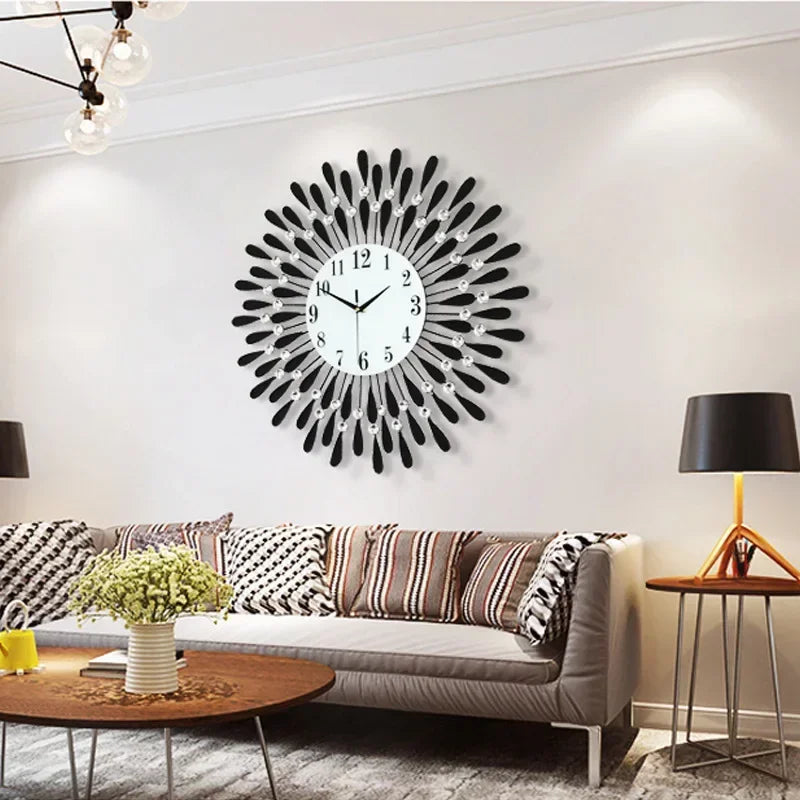 horloge murale moderne or noir strass circulaire 38x38cm salon décoration aiguille acrylique métal
