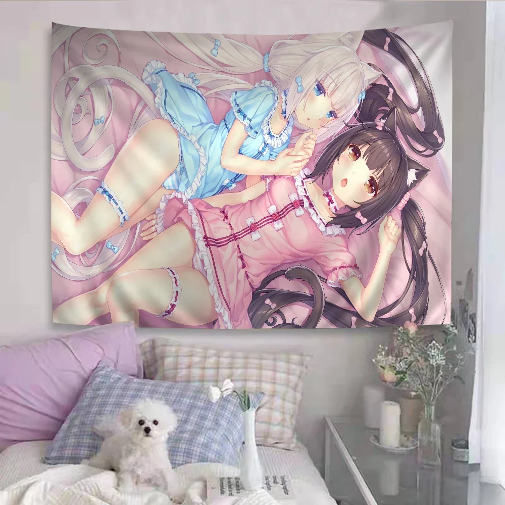 tapisserie graphique anime personnages dessins animés rose vert blanc illustration animaux mignons moderne