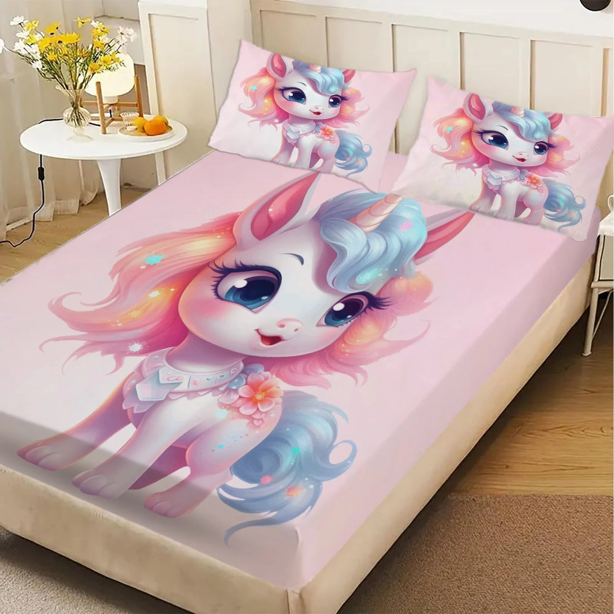 drap housse licorne mignonne imprimé rose bleu pastel coton polyester géométrique lit chambre