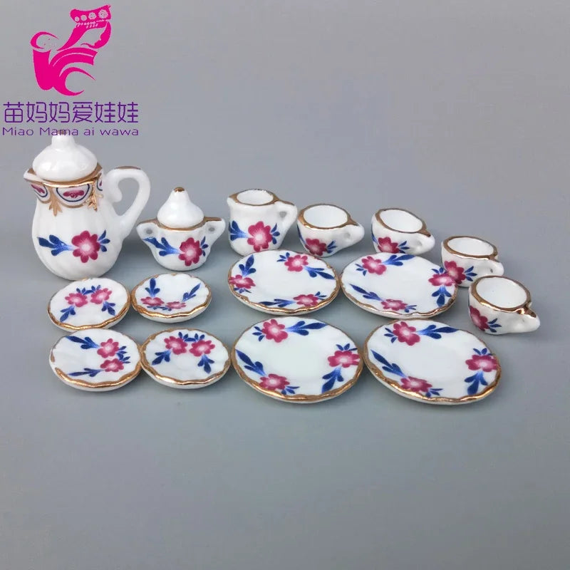 service thé miniature blanc doré rose bleu vert fleurs classique tasse théière soucoupe assiette