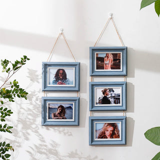 cadres photo suspendus bleu vintage bohème blanches texturés accroches murales fournis portraits