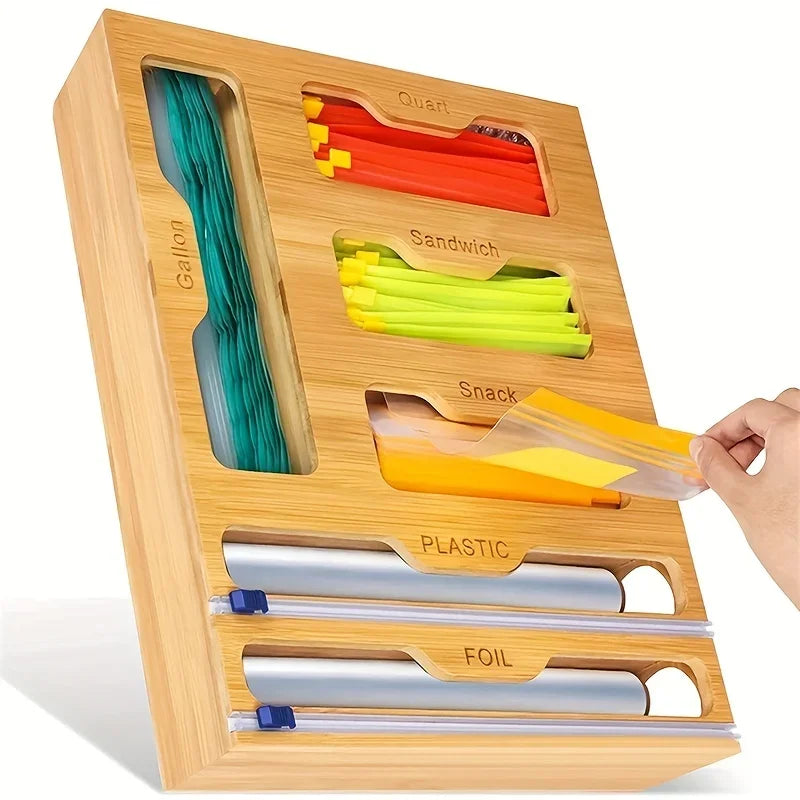 boîte rangement sacs ziplock pellicules bois naturel vis moderne pratique cuisine