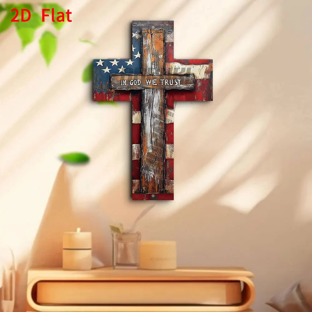 croix murale vintage drapeau américain rouge blanc bleu nous croyons dieu opacité rustique