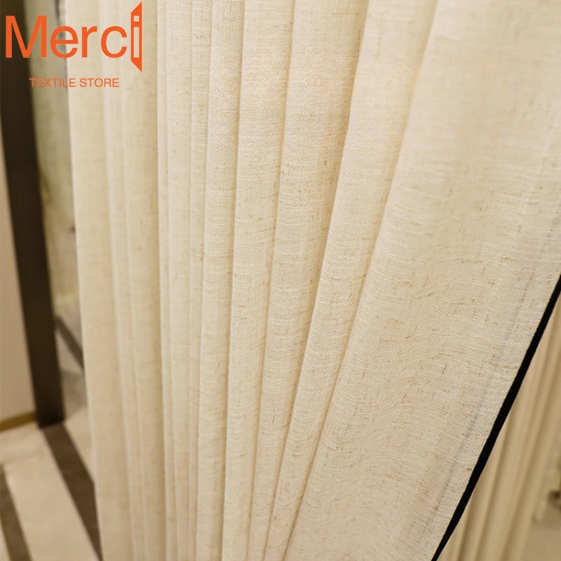 rideau polyester texture lin classique beige clair fenêtre française moderne personnalisable opaqué