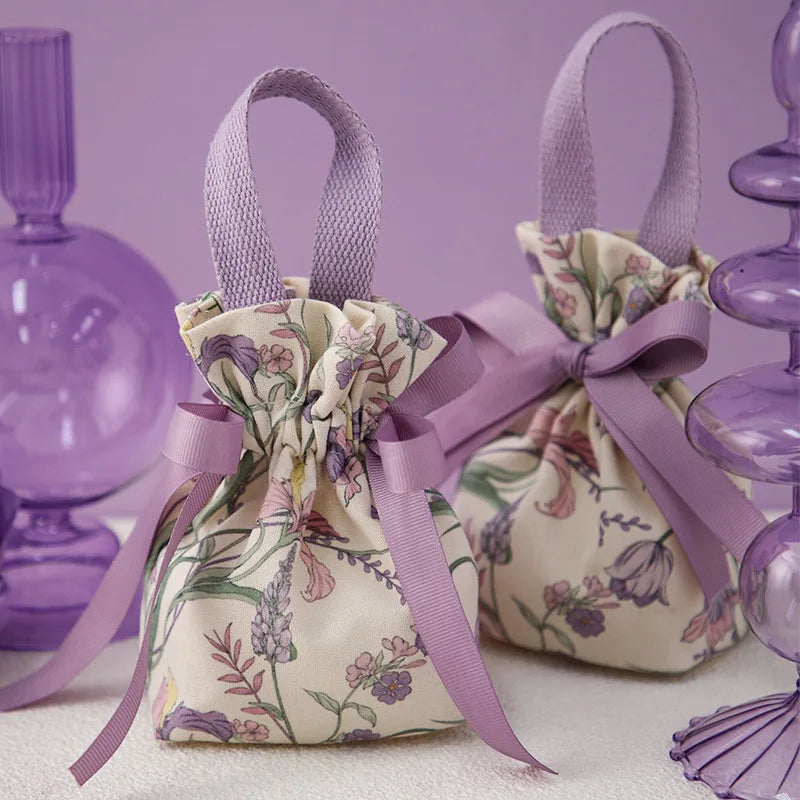 sac bonbons portable toile motif floral ruban blanc réutilisable emballage cadeau mariage anniversaire noël