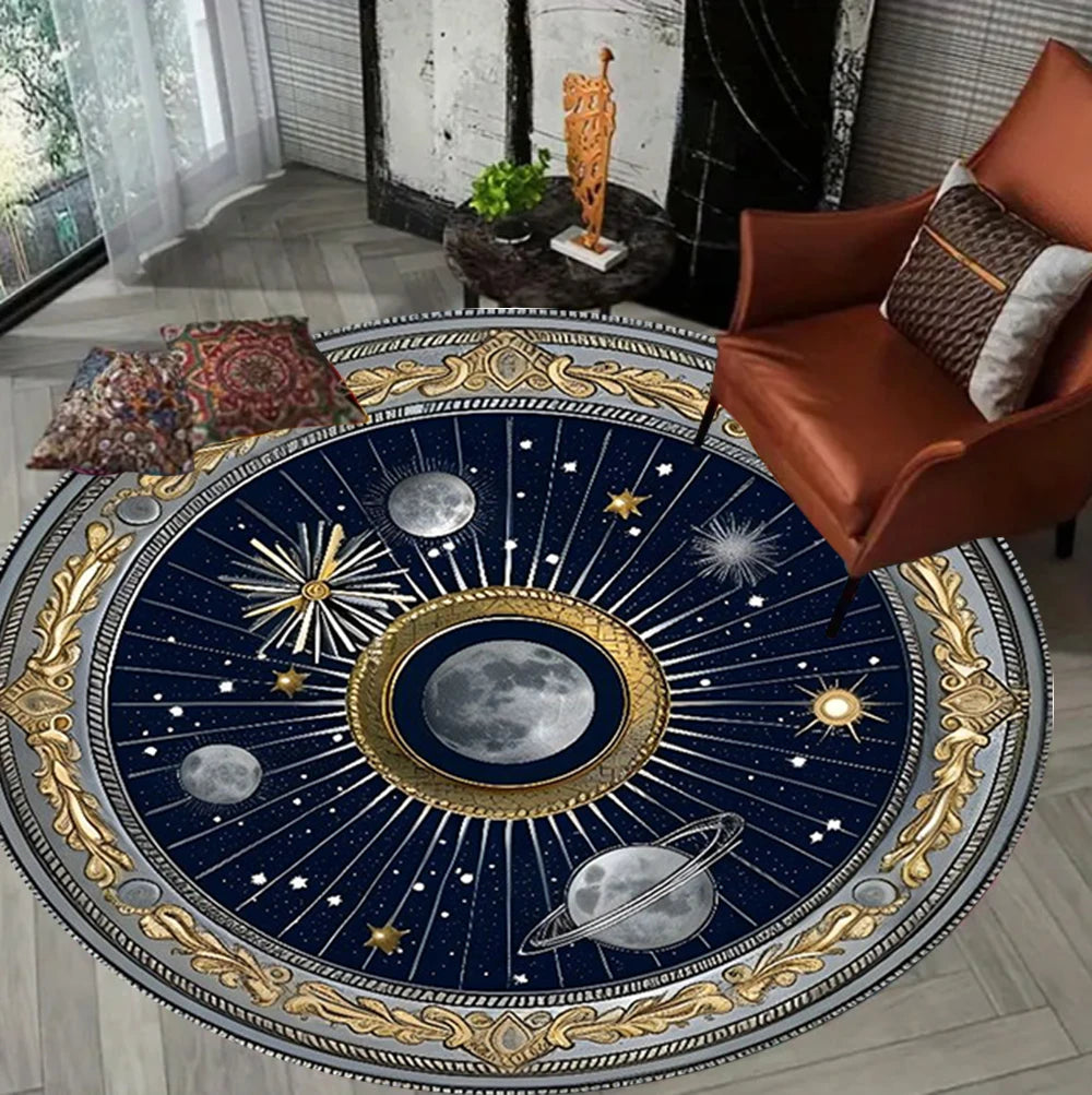 tapis rond céleste étoiles planètes bleu marine doré moderne salon chambre vintage decoration