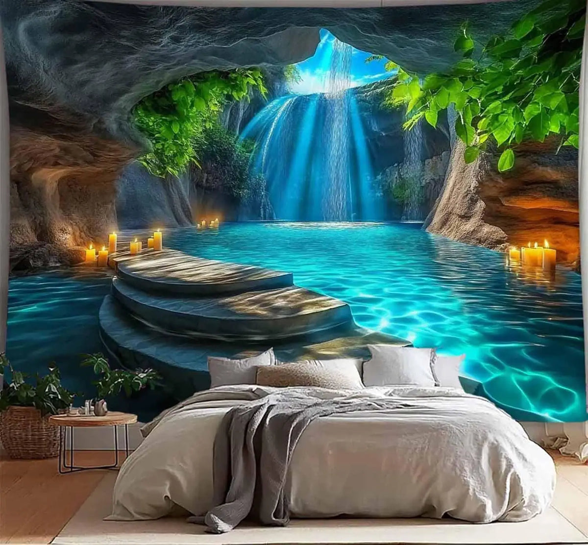 tapisserie paysage cascade rochers eau végétation bleu vert beige noir impressionniste réalisteintérieur decoration