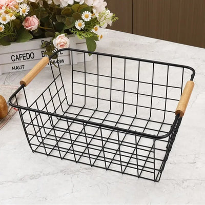 Panier de rangement métal blanc avec poignée bois