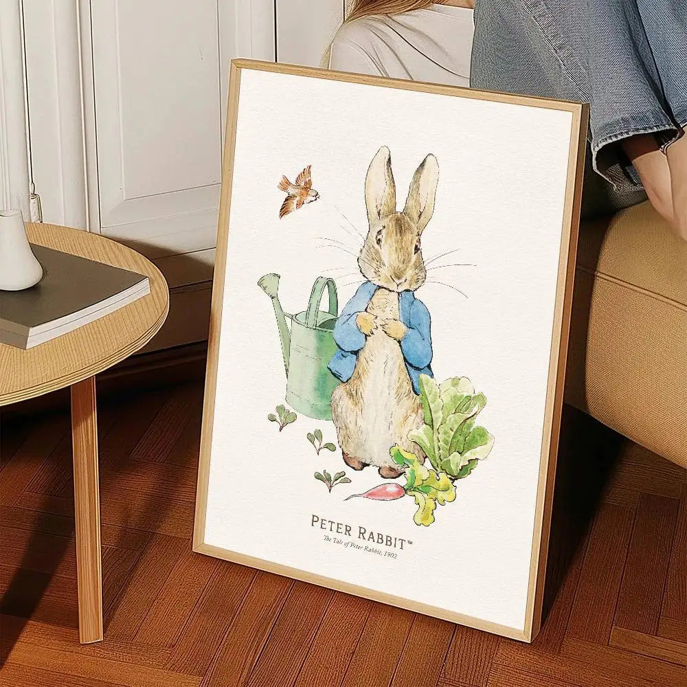 affiche décoration murale peter rabbit illustration vintage cadre bois salon décoration intérieureOpaque beige vert