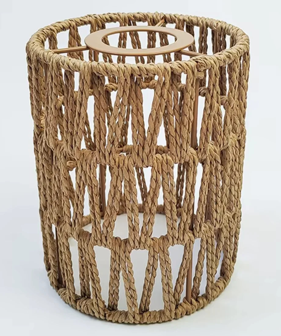 lampe table rétro rustique papier tressé beige clair main opaque support bois