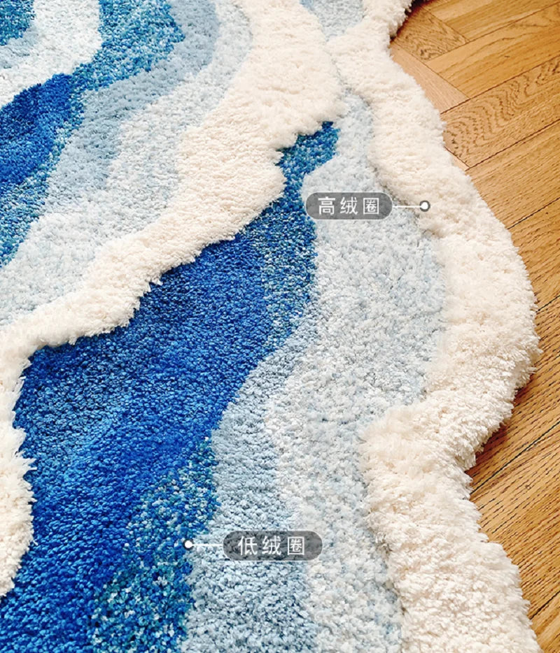 tapis flocage bleu blanc antidérapant moderne douillet ondulé polyester usage multiple intérieur extérieur voyage