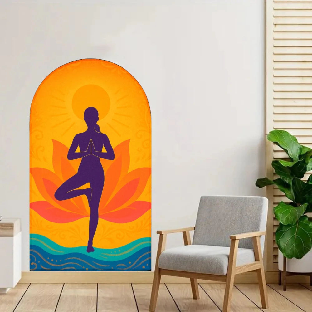 panneau mural contemporain yoga silhouettes floraux adhésif bleu orange jaune vert noir blanc chambre