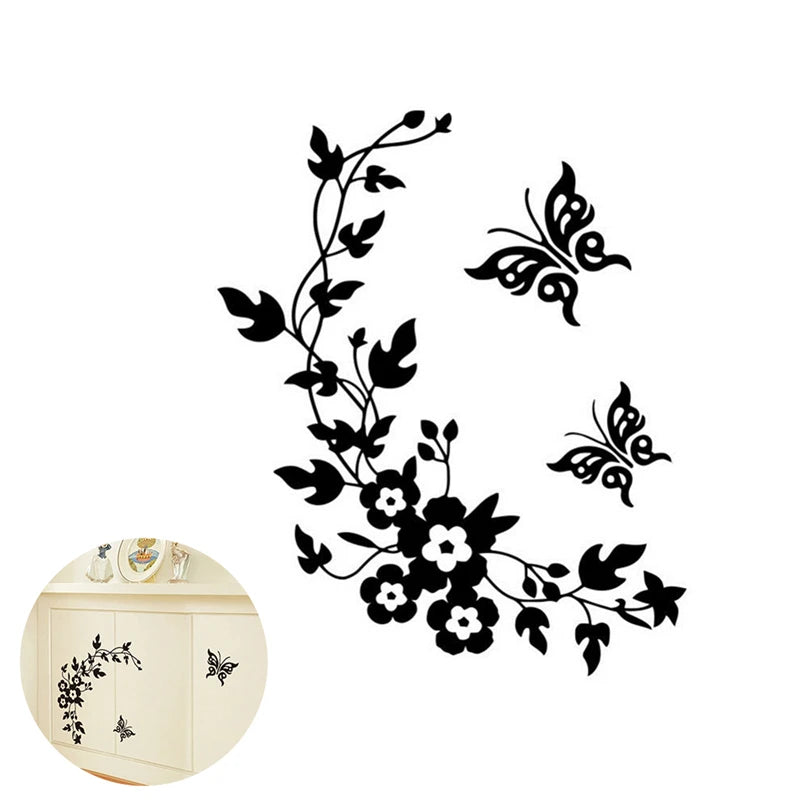 décoration murale sticker noir blanc fleurs feuilles branches papillons floral 28cm 34cm