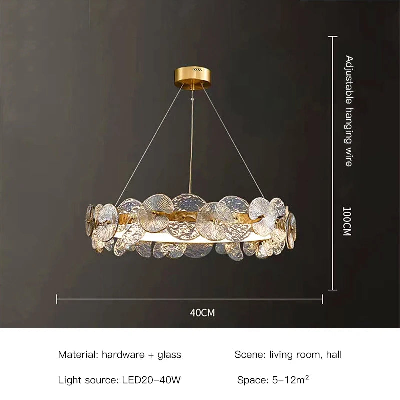 suspension lumineuse moderne dorée transparente disques circulaires texture rugueuse contemporaine élégante chaînes suspendues LED