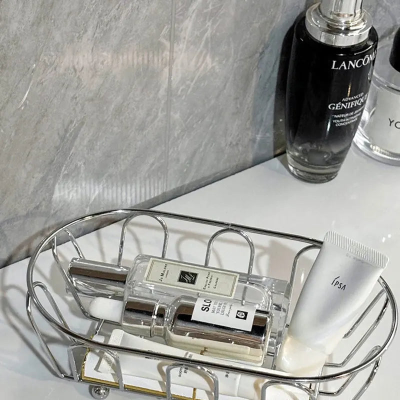 panier cosmétiques argenté fileté acier inoxydable moderne rangement coiffeuse accessoires personnels élégant