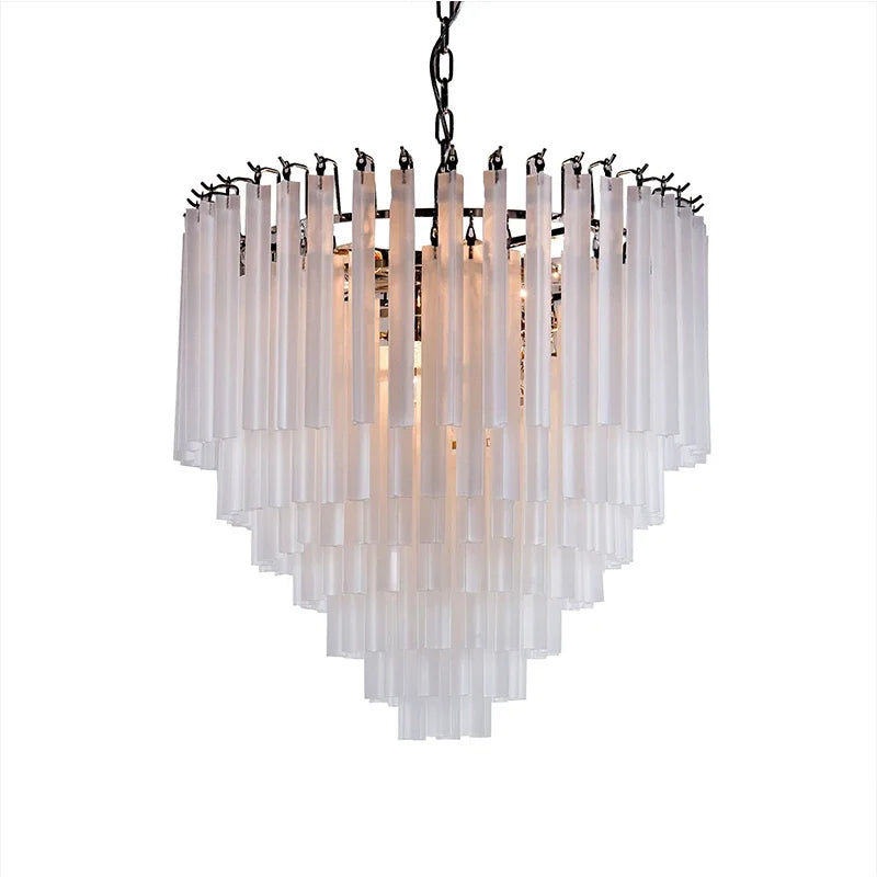 Suspension lumineuse moderne blanc translucide rangées verticales tubes chaîne métallique sources lumineuses 10 15m²