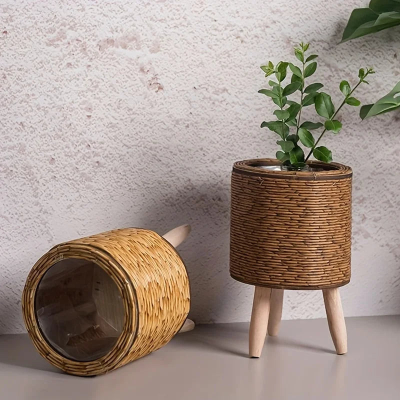 jardinière tressée moderne rustique cache pot bois naturel plante verte decoration interieur exterior