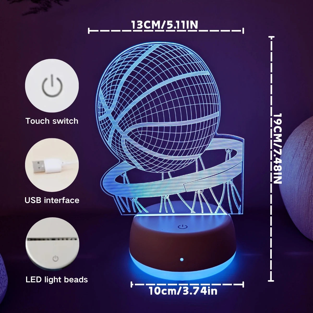 lampe nuit 3D bleu vert violet réseau lignes blanches transparent moderne minimaliste tactile USB