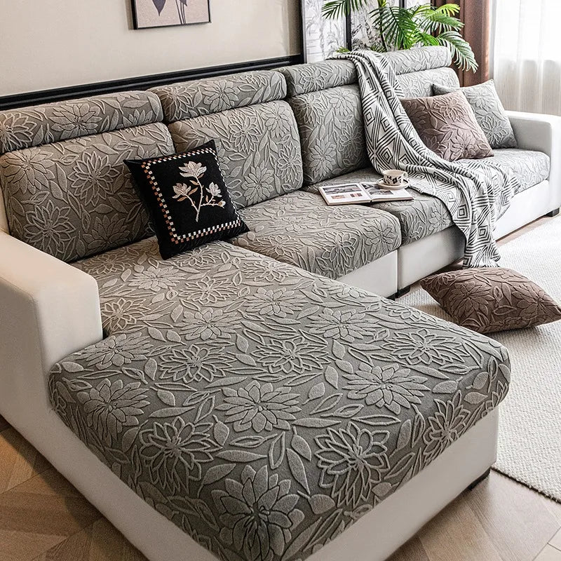 housse canapé extensible beige fleurs imprimées moderne salon tissu jacquard protection animaux