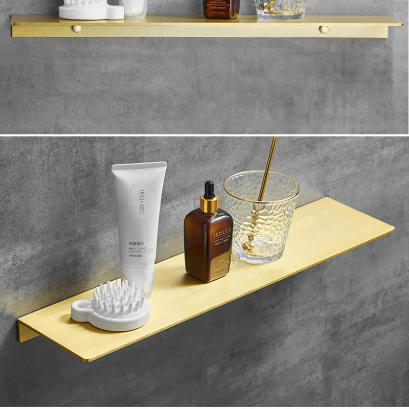 étagère murale moderne dorée lisse trois niveaux vis fixations salle bain aluminium