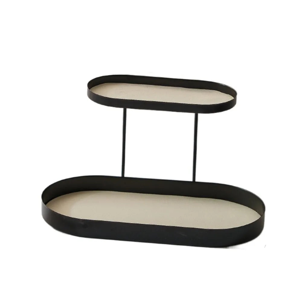 présentoir rangement cosmétique deux niveaux noir beige vert olive moderne minimaliste flacon parfum lotion