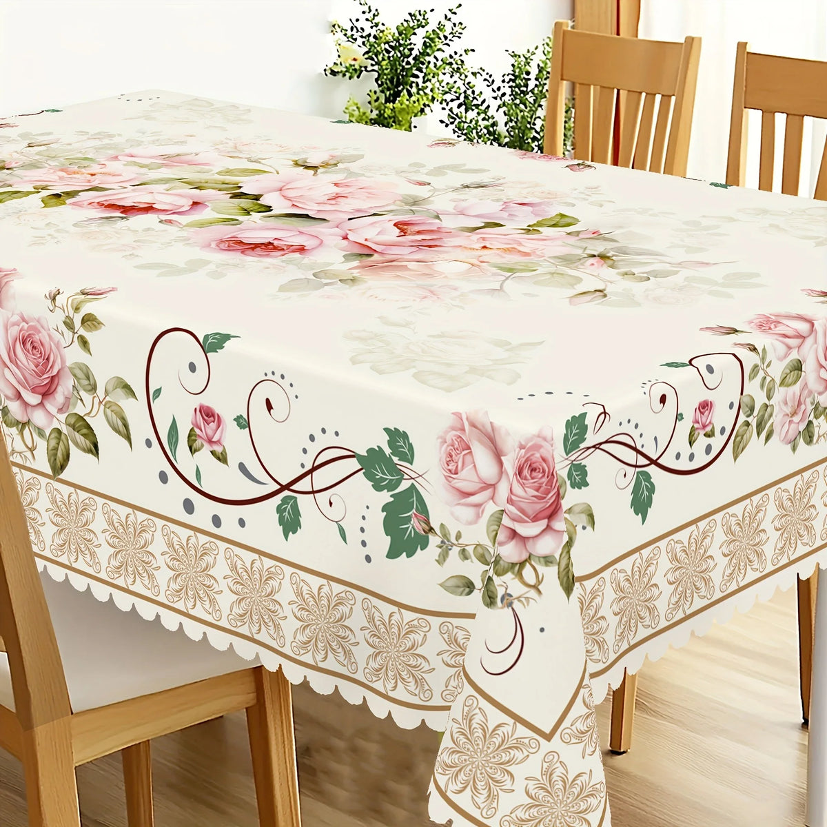 nappe table fleurs roses classique romantique printemps été blanc rose verte beige