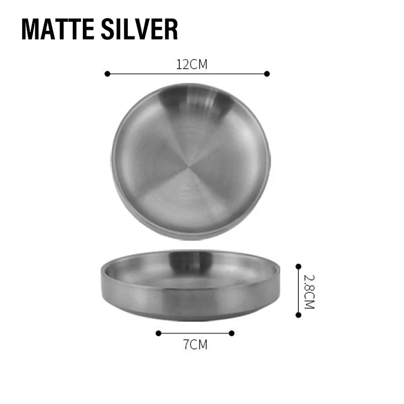 assiettes rondes inox lisses modernes argent doré sauces snacks transparentes maison restaurant
