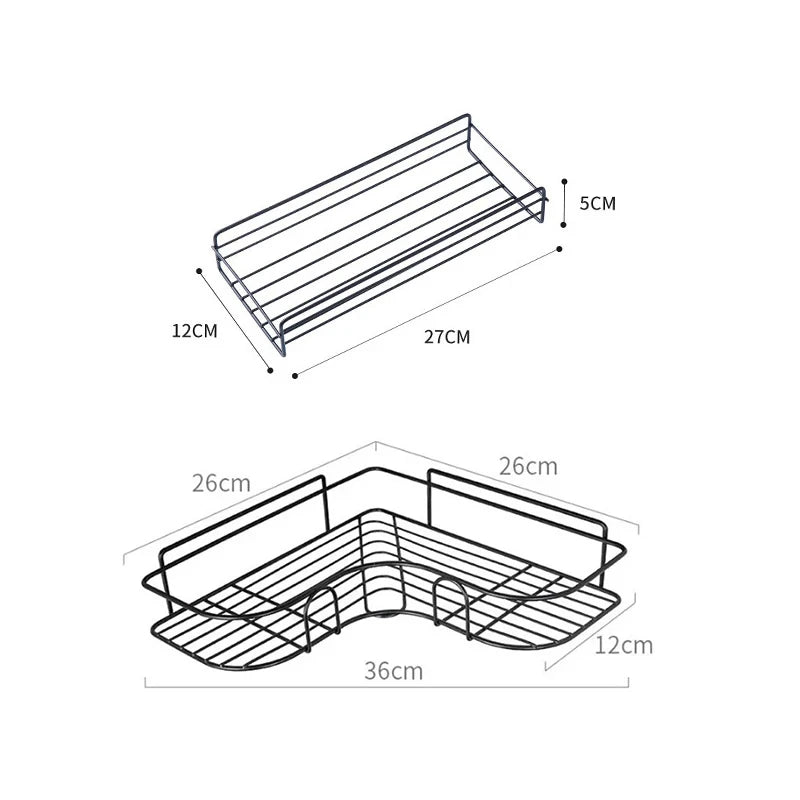 étagère salle bain moderne fer noir blanche grille métallique adhésive cosmétique rangement angle mur