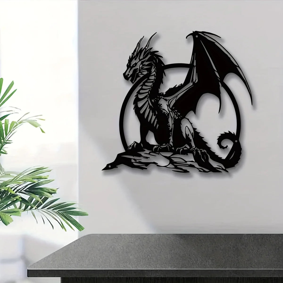 sculpture murale dragon noir art contemporain décoration intérieure extérieure moderne finement détaillée fixations incluses