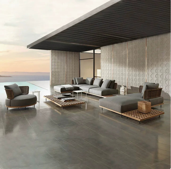 canapé jardin deux places tissu beige bois marron coussins blancs moderne pieds métalliques noirs
