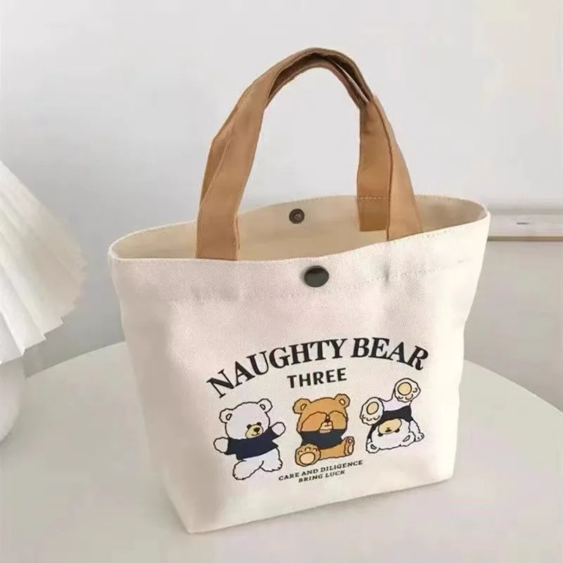 sac main toile imprimé ours blanc marron moderne poignées cuir portable étudiante
