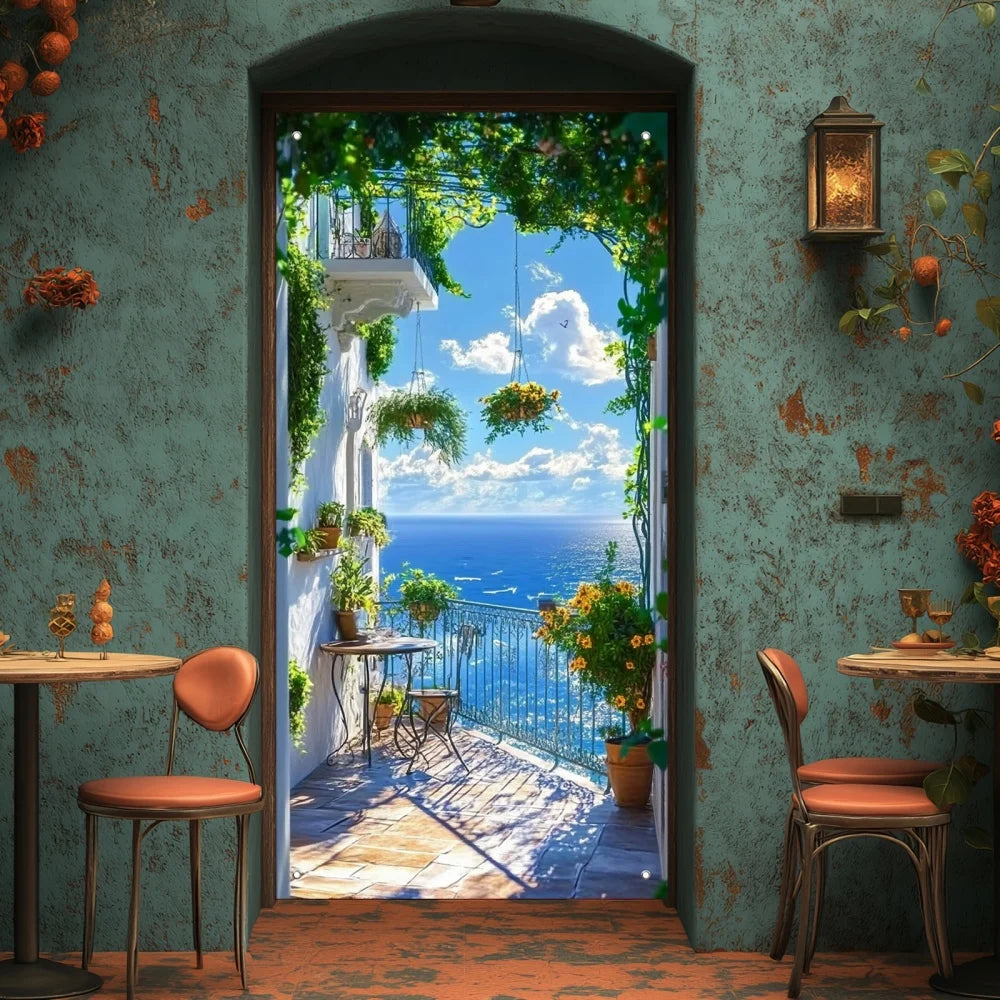 rideau porte paysage méditerranéen vinyle texturé fleurs balustrade rustique 90x180cm decoration murale