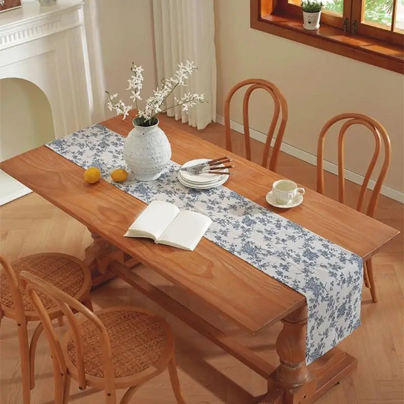 nappe table motif floraux coton polyester rustique beige bleu foncé dimensions variées