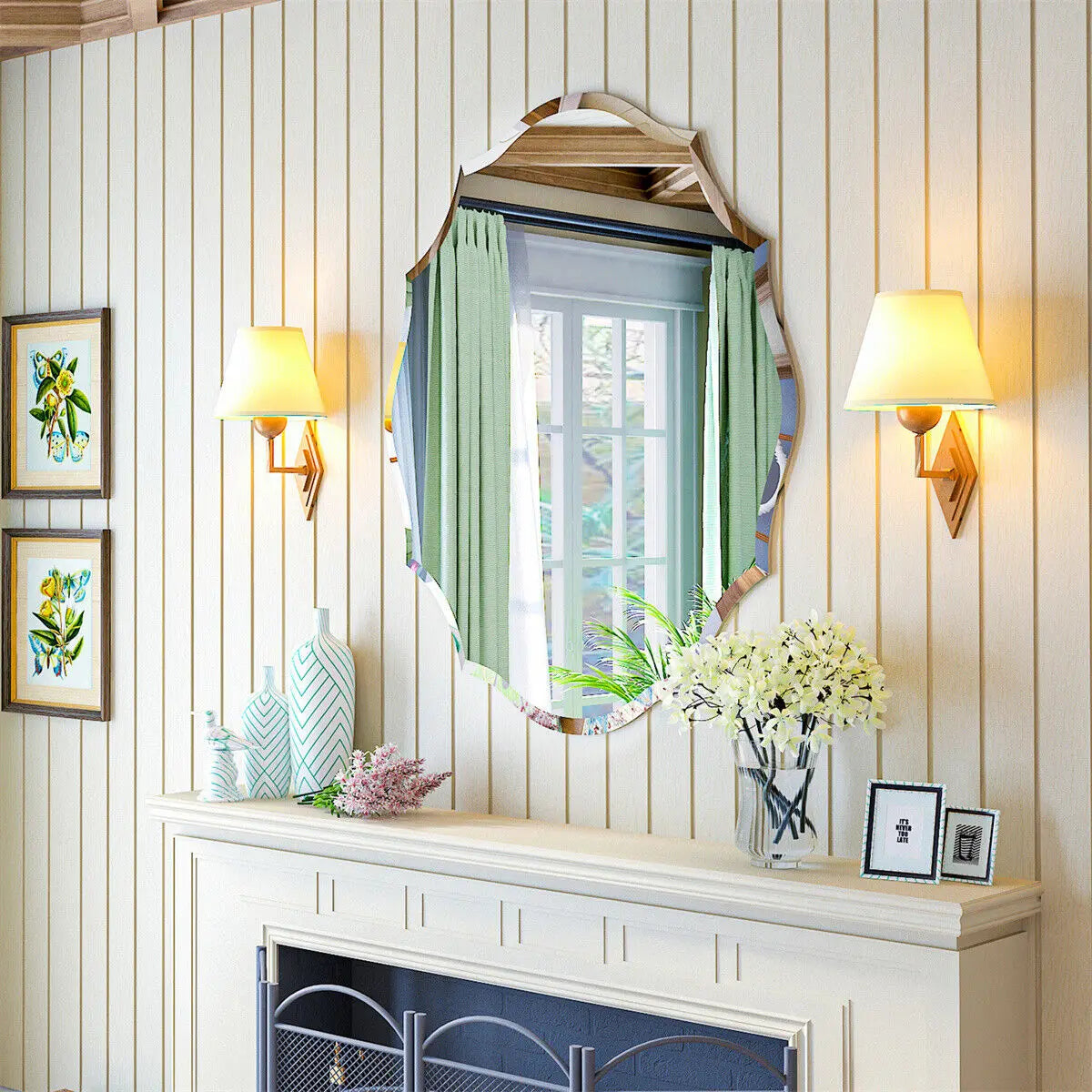 Le miroir vintage décoré de vert pâle et de détails dorés, accroché au-dessus d'un meuble blanc, confère à cette pièce une atmosphère chaleureuse et élégante.