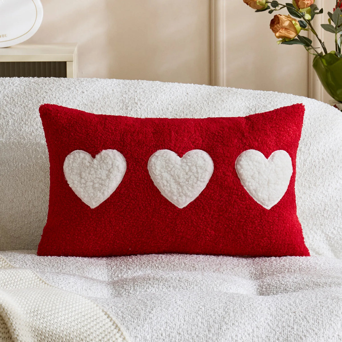 housse coussin brodée cœur blanc rouge décoration maison voiture nordique polyester coton fixations doux