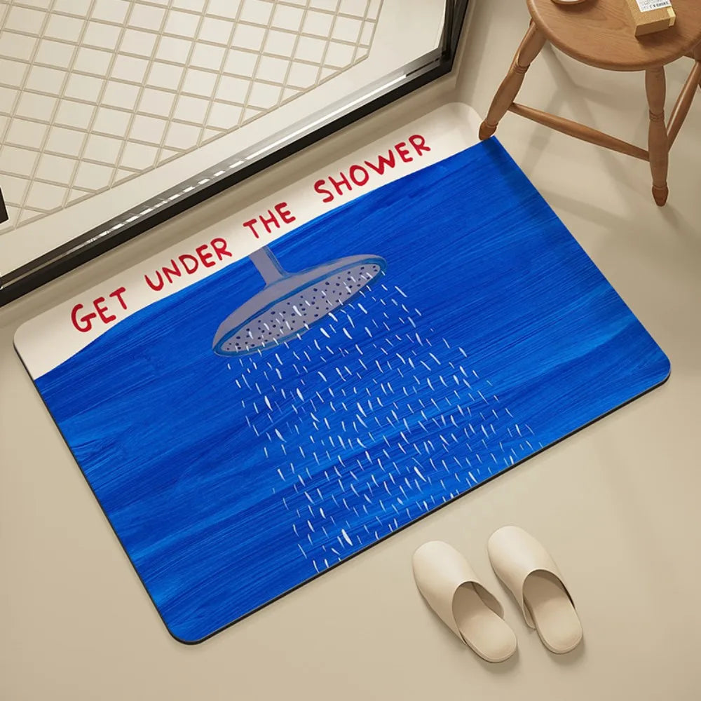 tapis bain antidérapant blanc bleu gris moderne humoristique graphique lavable résistant salissures