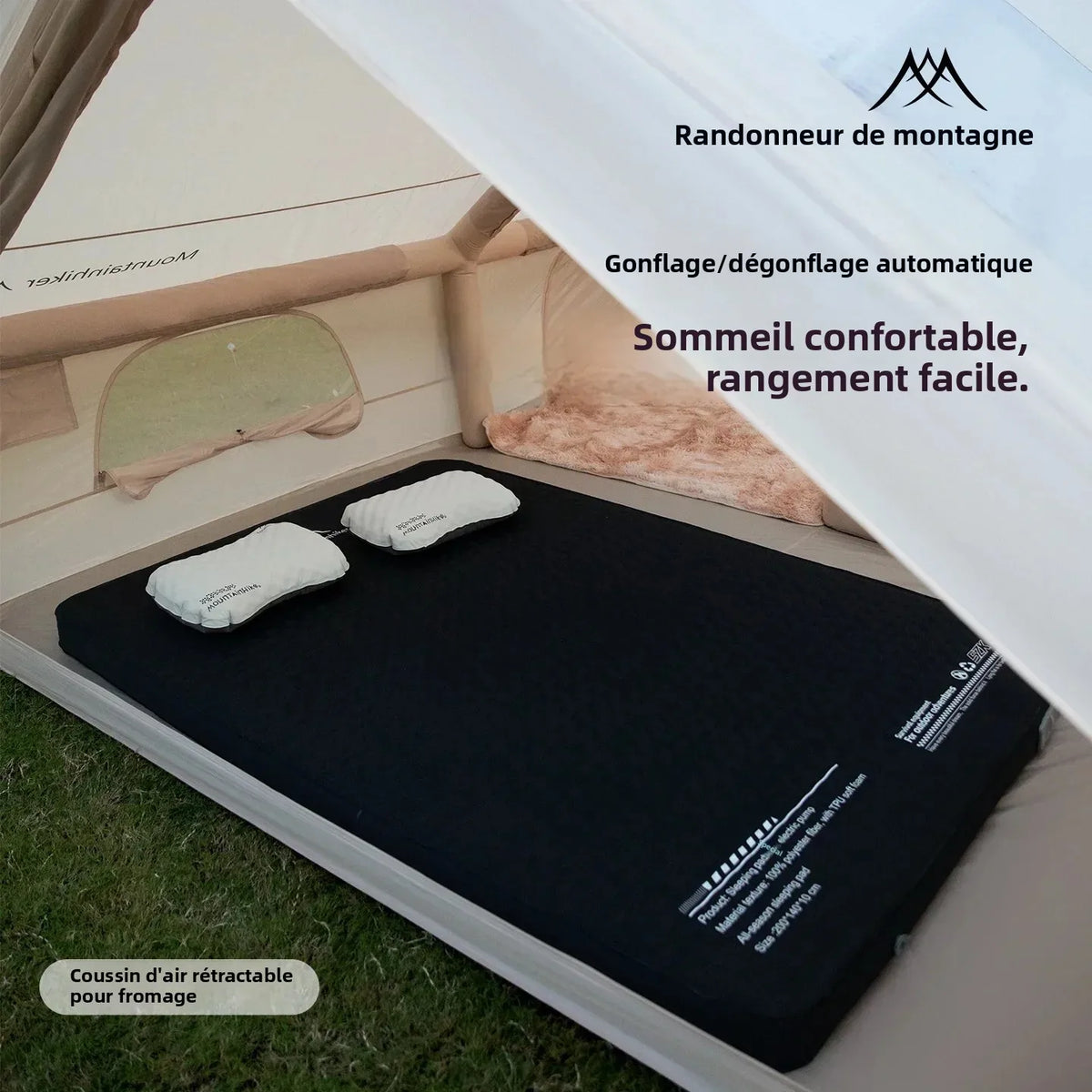 matelas gonflable double coussins gonflables pompe électrique noir vert beige cellules hexagonales camping randonnée