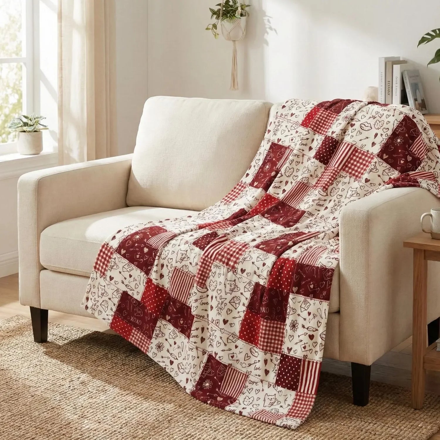 Jeté de lit matelassé coton patchwork Kantha floral rouge