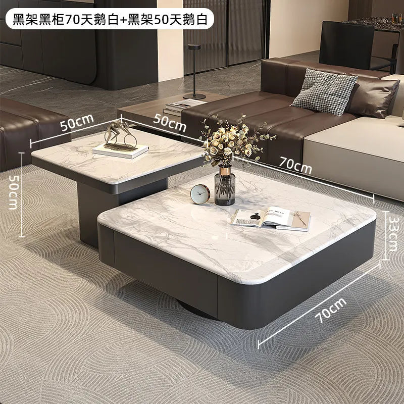 table basse carrée salon minimaliste marbre noir blanc tiroir métal solide