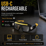 lunettes tête lampe led noir jaune rechargeable double éclairage modes pêche course camping randonnée