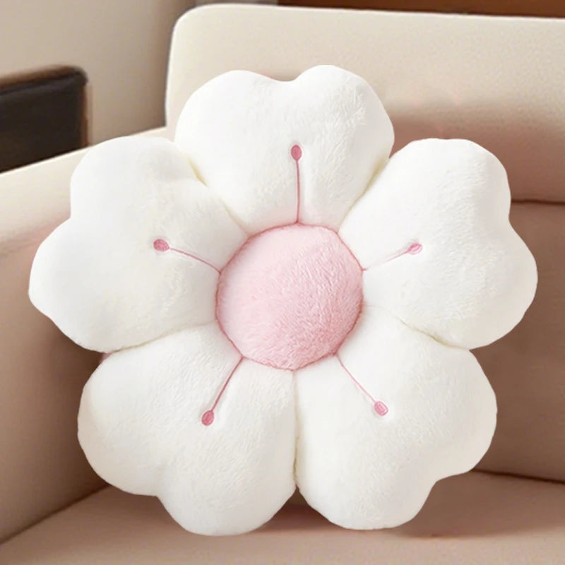 coussin décoratif fleurs stylisées peluche douce rose clair blanc moderne