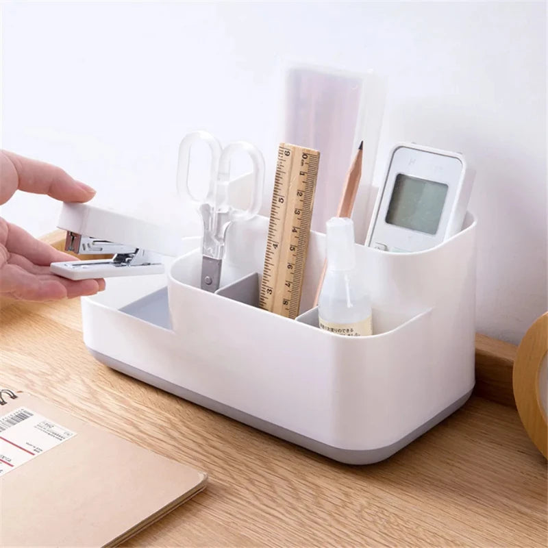 organisateur maquillage blanc beige compartiments multiple résistant plastique moderne minimaliste pinceaux coton tiges ciseaux