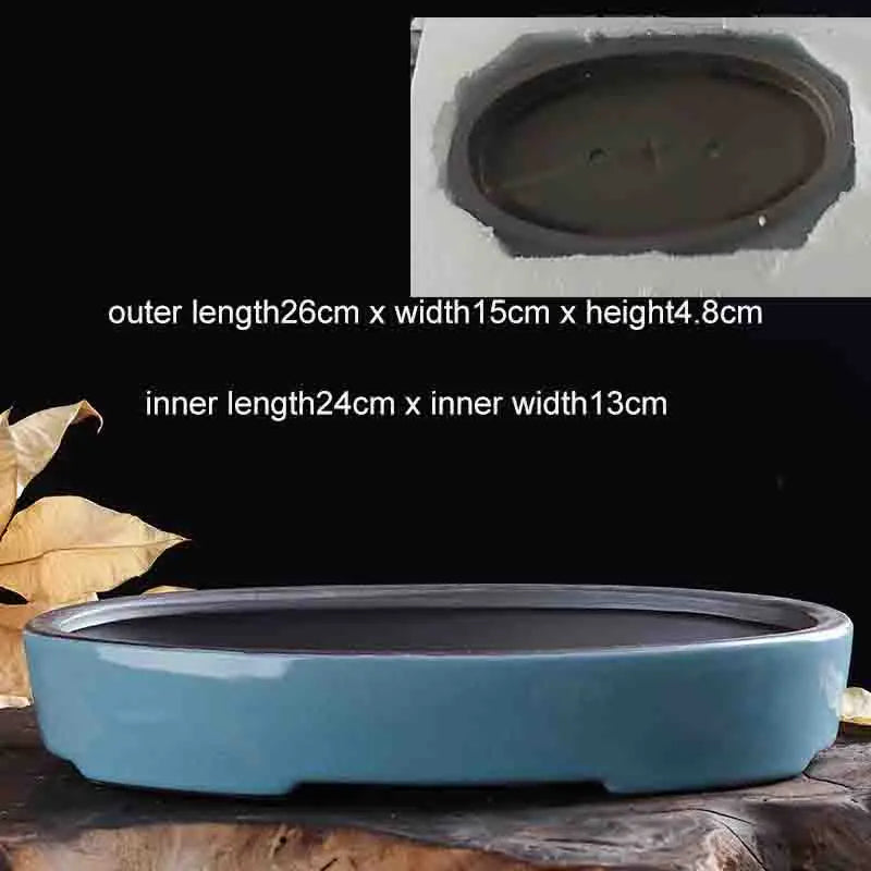 Bonsaï céramique artisanal naturel feuilles vertes bleues terre roches