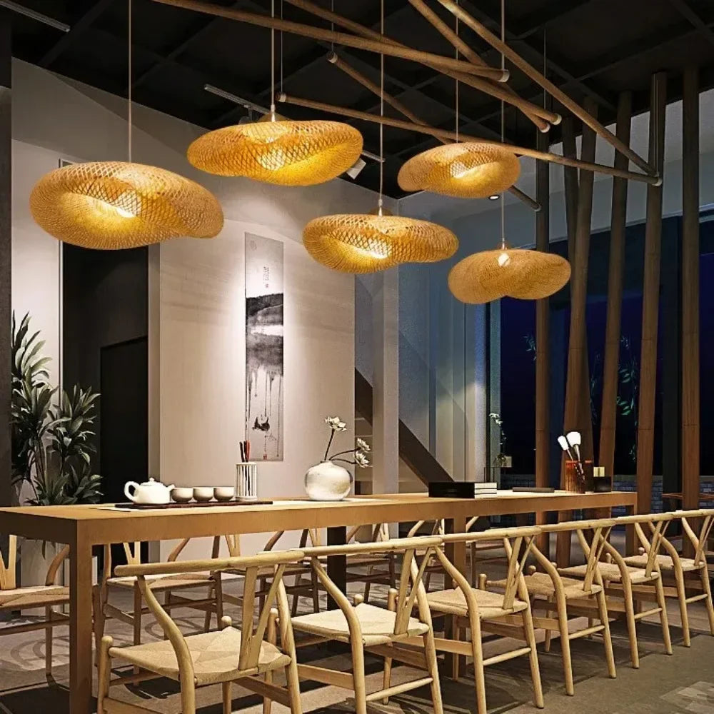 suspension lumineuse moderne bambou beige clair tissage minimaliste led sans ampoule